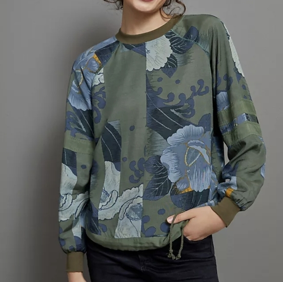 Tiny Tops - Tiny by Anthropologie Floral Print Pullover Sweatshirt Olive Green Size L